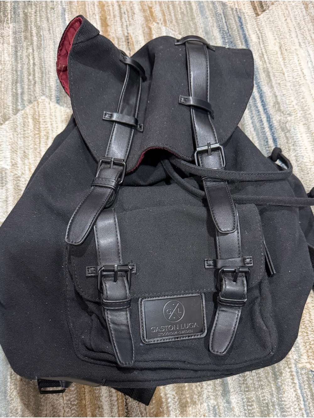 Black Canvas Backpack with Leather Trim